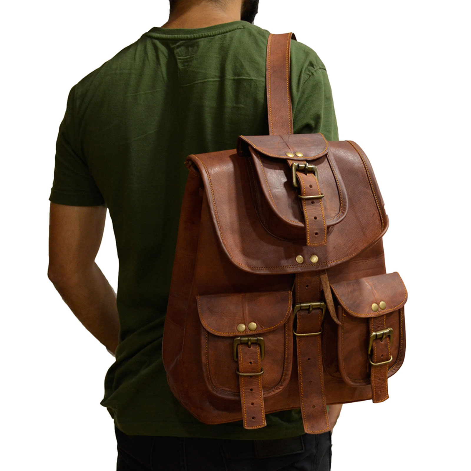 Vintage Hiking Daypack Genuine Brown Leather Shoulder Bag Travel Backpack